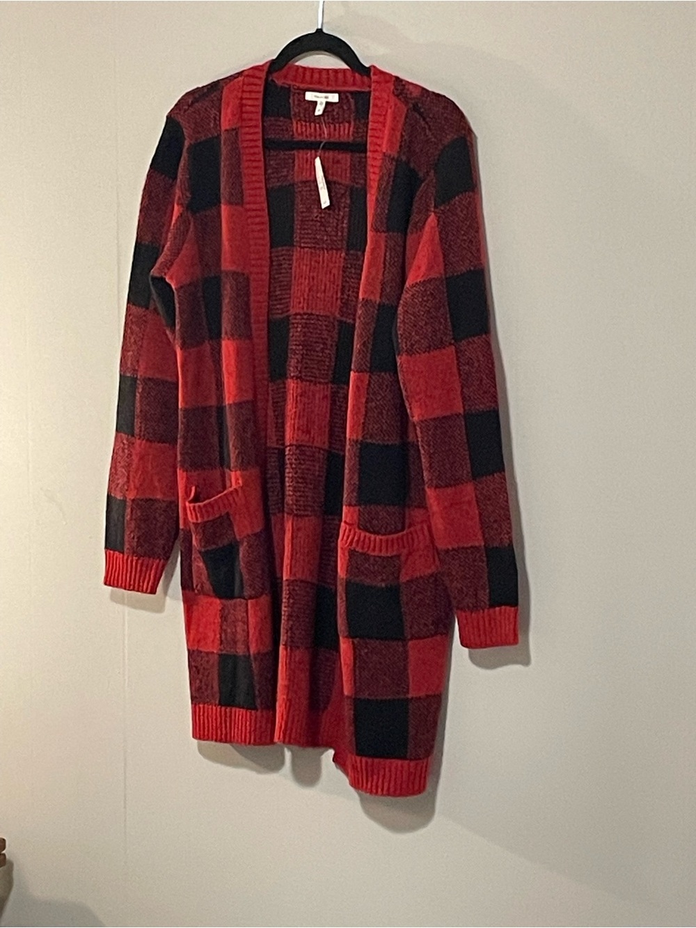 Maurices Red and Black Buffalo Plaid Open-Front Cardigan